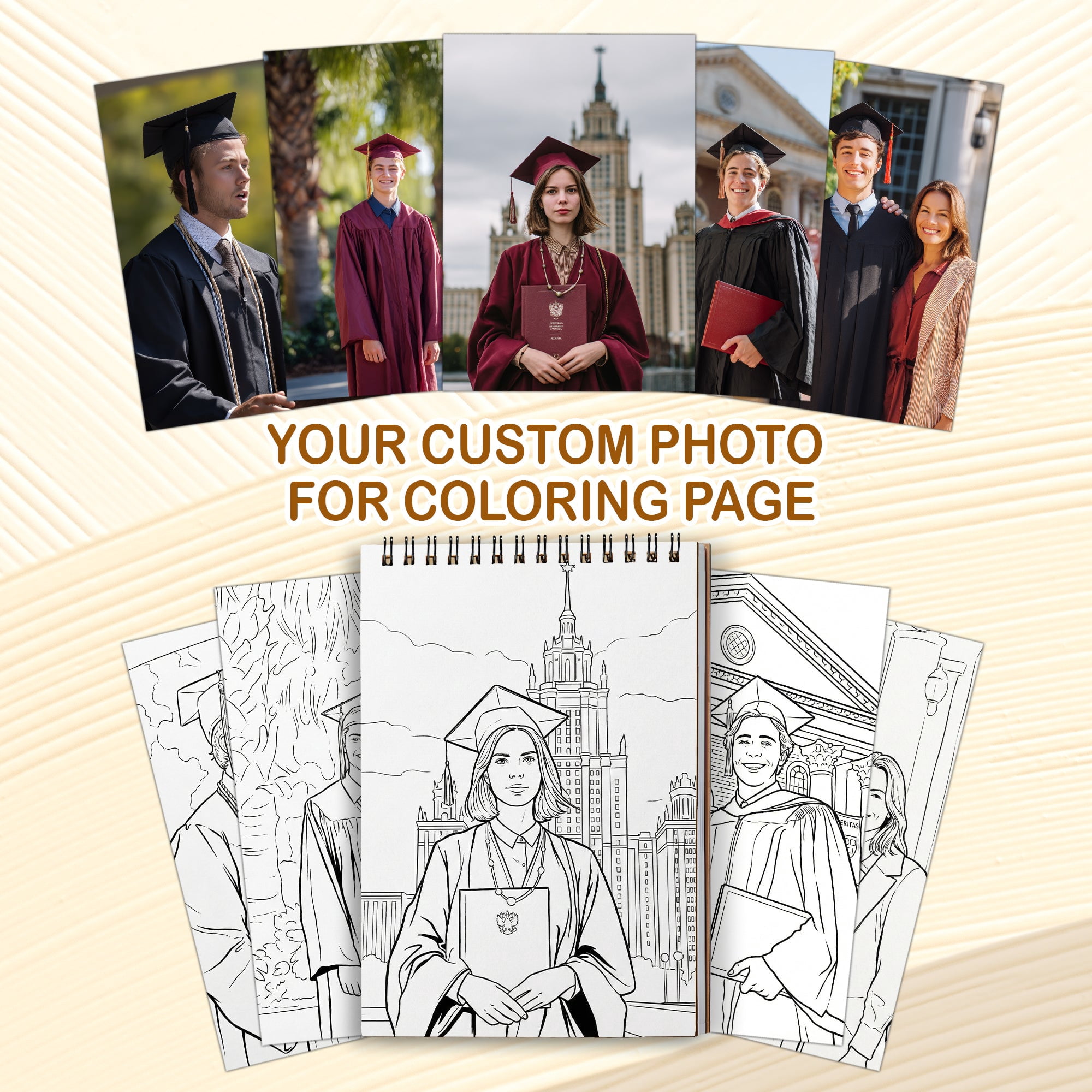 Personalized Graduation Coloring Book for Adults, Custom Coloring Pages from Your Graduation Photos, 12–48 Pages, Class of 2026 Gifts, Premium Wooden Cover, Spiral Binding