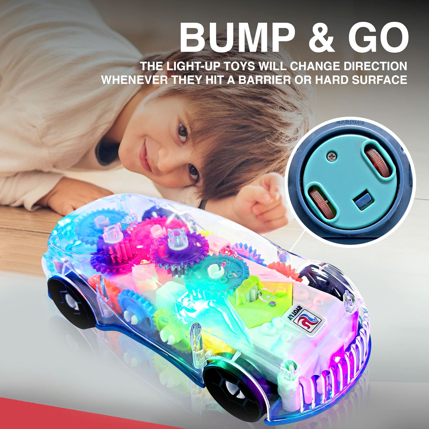 Kid Odyssey Light Up Transparent Car Toys for Kids, Bump and Go Toy Car with Colorful Moving Gears, Music, and LED Effects, Fun Educational Toy for Kids Toddlers, Great Birthday Gift Idea