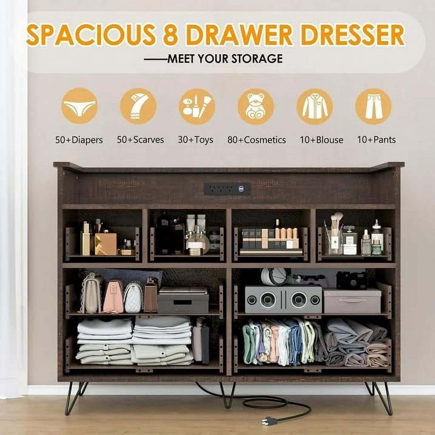GAOMON 8 Drawer Dresser, Modern Dresser for Bedroom with Led Lights and Charging Station, Wooden Chest of Drawer with Open Space, Storage Organizer for Entryway, Living Room,Dark Brown