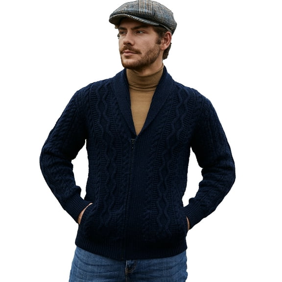 SAOL 100% Merino Wool Men's Zipper Cable Knit Cardigan Sweater Made in Ireland