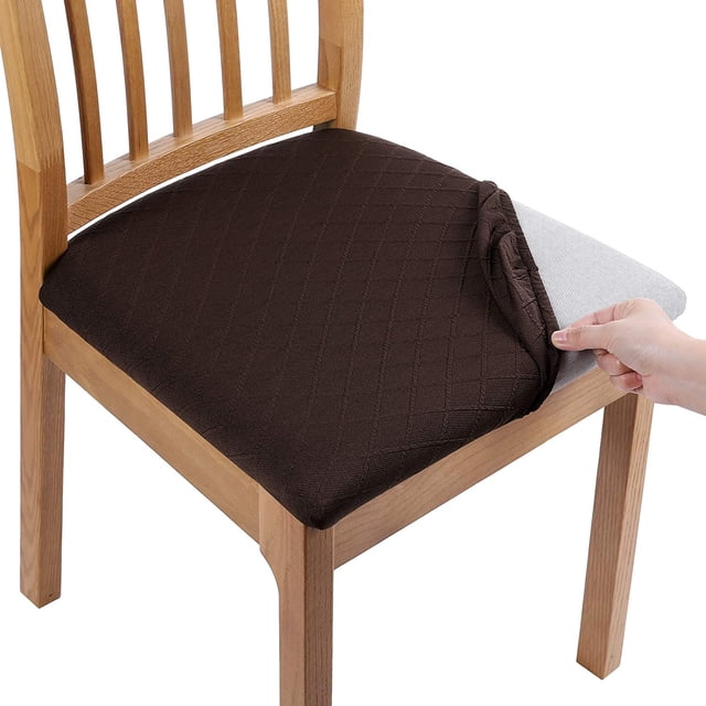 Stretch Jacquard Dining Chair Seat Covers, Removable Washable Anti-Dust Upholstered Chair Seat Cover for Dining Room, Kitchen, Office (Set of 2, Coffee)