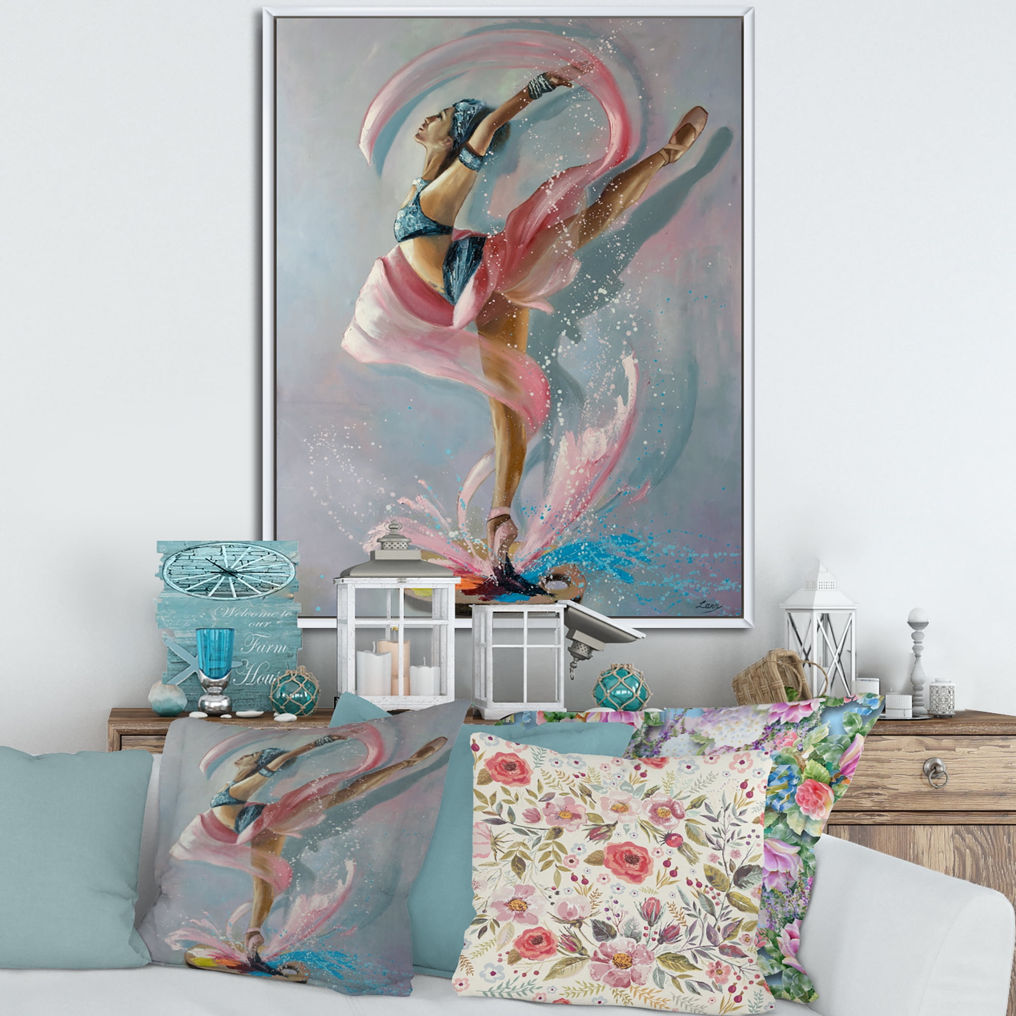 Designart 'Graciously Dancing Girl In Pink Drapes' Traditional Framed Canvas Wall Art Print