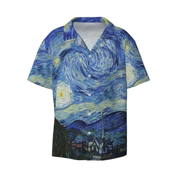 Ratiio The Starry Night Print Mens Casual Short Sleeve Shirts Button Down Textured Shirts Summer Beach Shirt with Pocket Men's Casual Short-sleeved Shirt