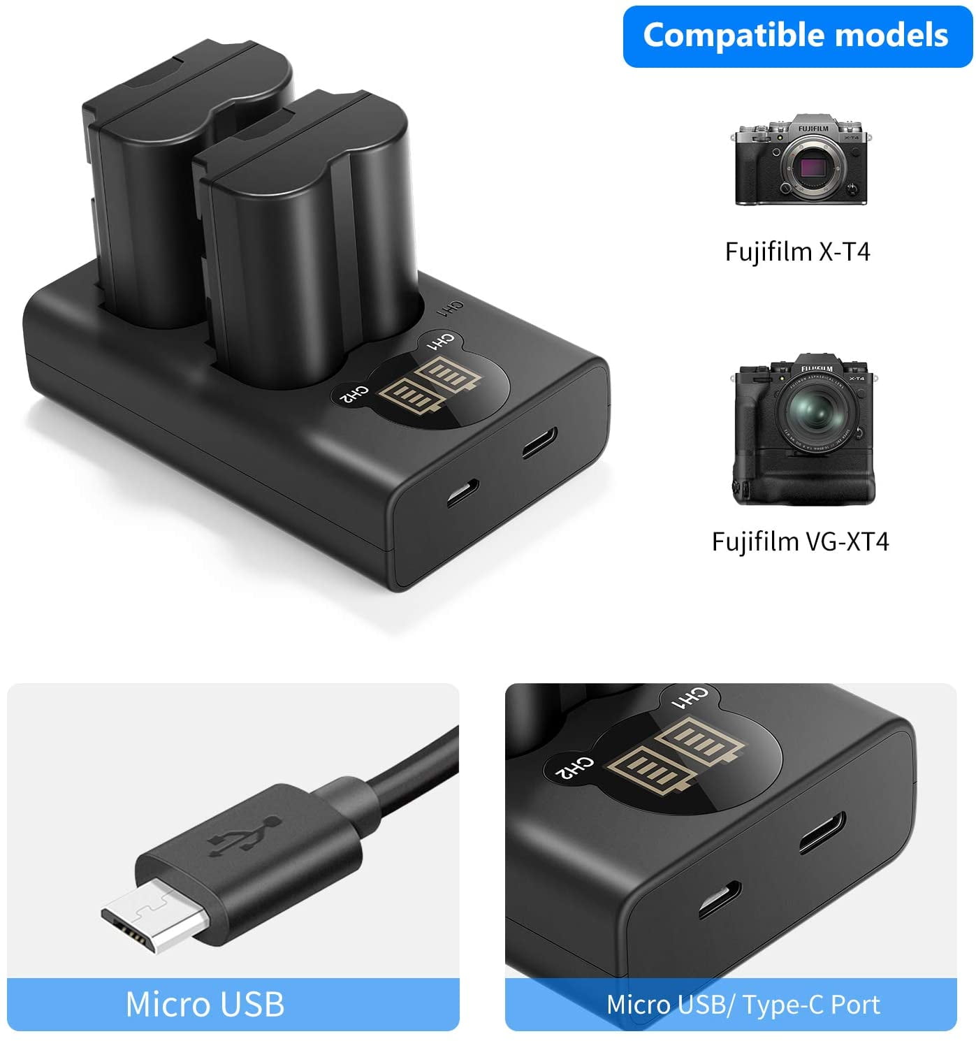 Entrée Micro USB/Type-C Neewer NP-W235 Batterie de Remplacement et Chargeur Ensemble Compatible avec Fujifilm X-T4 2 Packs de 2250 mAh Batterie de Remplacement et Double Chargeur de Batterie USB 