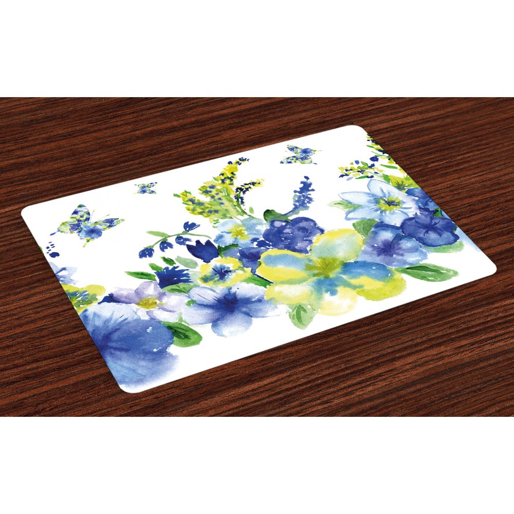 Yellow and Blue Placemats Set of 4 Spring Flower Watercolor Flourishing