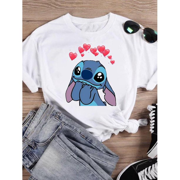 Disney Watercolor Lovely Style Short Sleeve Women Print Clothing Stitch Casual Tee Shirt Fashion Cartoon Graphic T-shirtsXXL Gao Jinjia LED