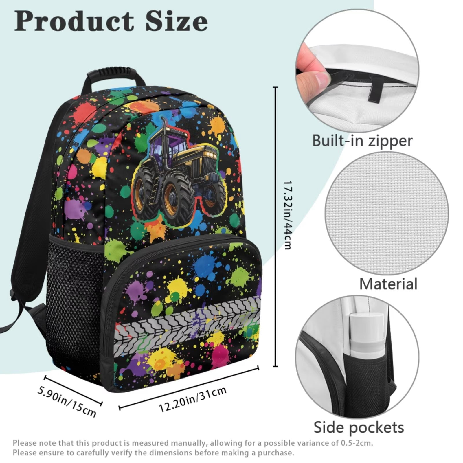 Pzuqiu Black Tractor Kids Backpack 4 Piece School Back Pack Set with Lunch Box Pencil Case 2pcs Bookmark for Girls Backpack for Middle School Backpacks 17 Inch Schoolbag