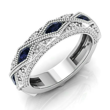 - 14K Gold Marquise Blue Sapphire & Round White Diamond Vintage Millgrain Stackable Wedding Band