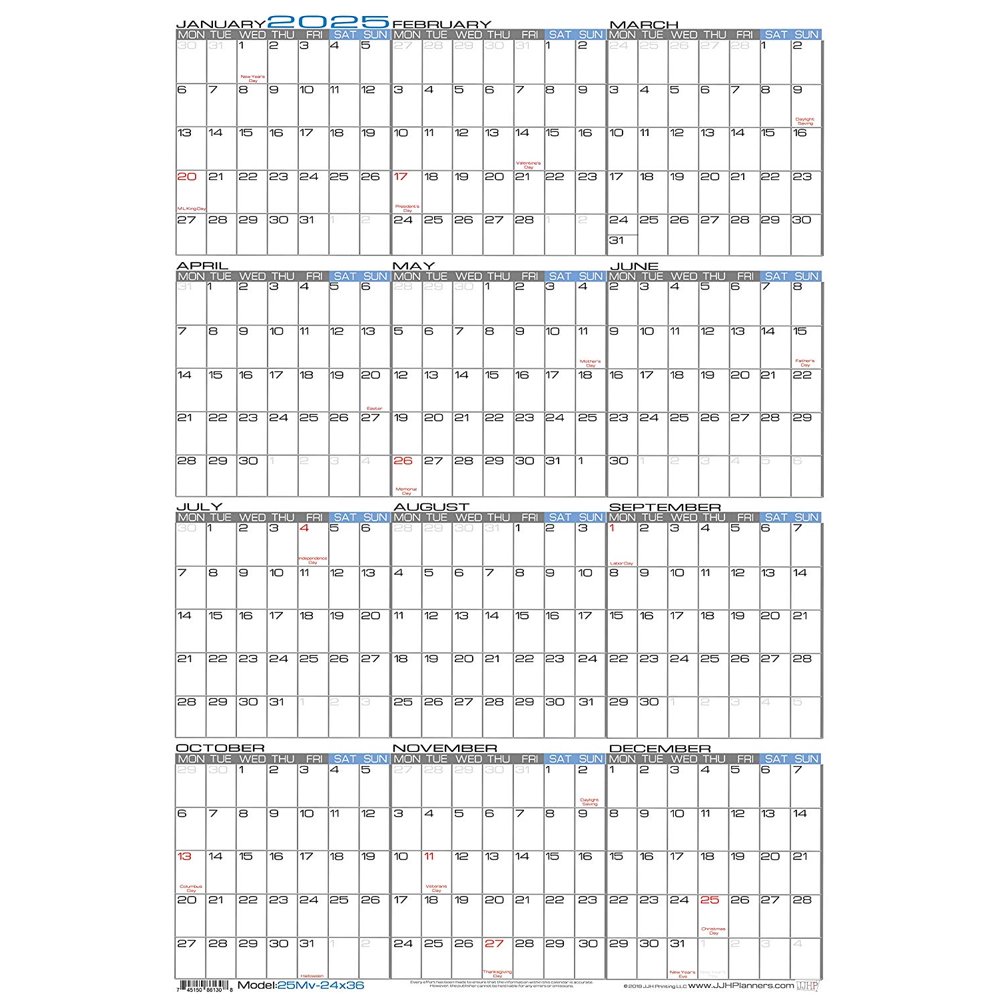 Erasable Wall Calendar 2023 JJH Planners Laminated 24" X 36" Large Monday Start Week 2025 Erasable Wall Calendar
