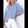 thumbnail image 4 of Blusas Casuales de Larga con Cuello en V y Botones para Mujer, Blusas Lisas de Gran Tamaño. Azul M, 4 of 7
