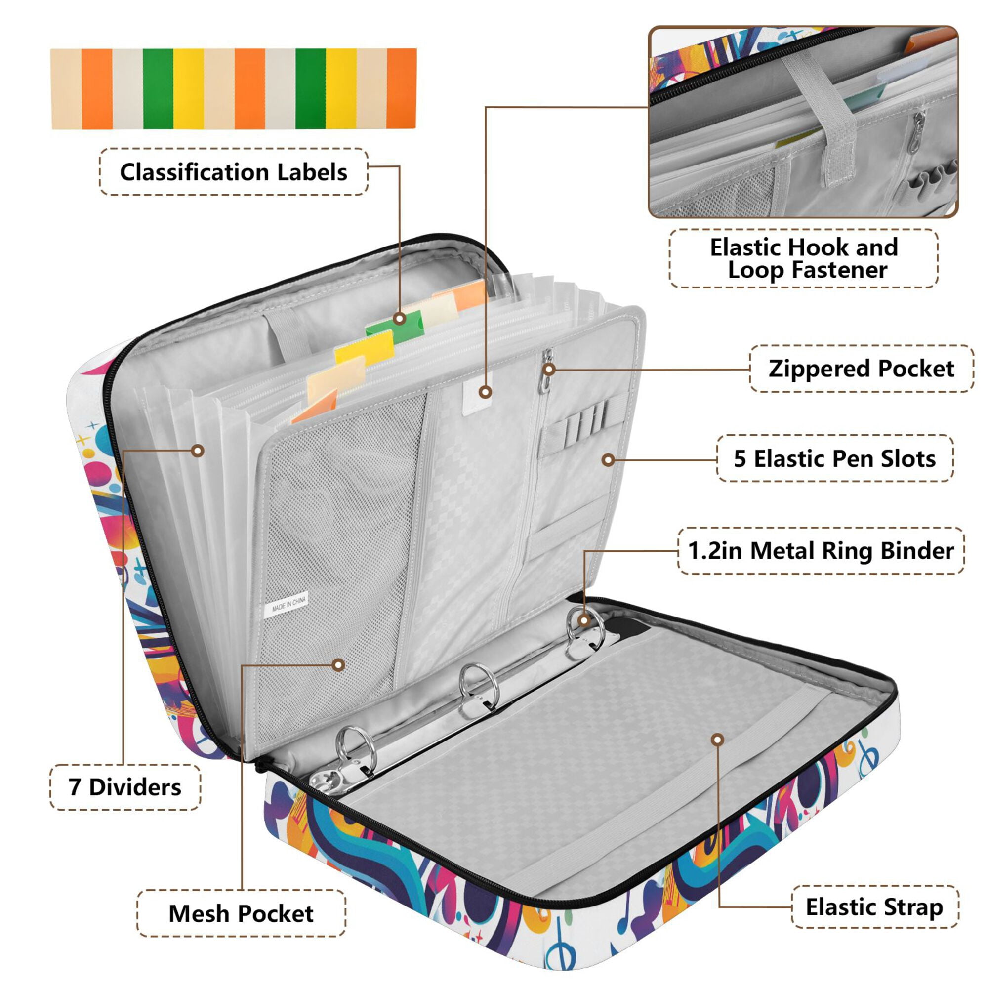 FORMRS Accordion File Folder A4 Size 7-Pocket Expanding Document Organizer Bag with 3 Ring Binder, Musical Pattern