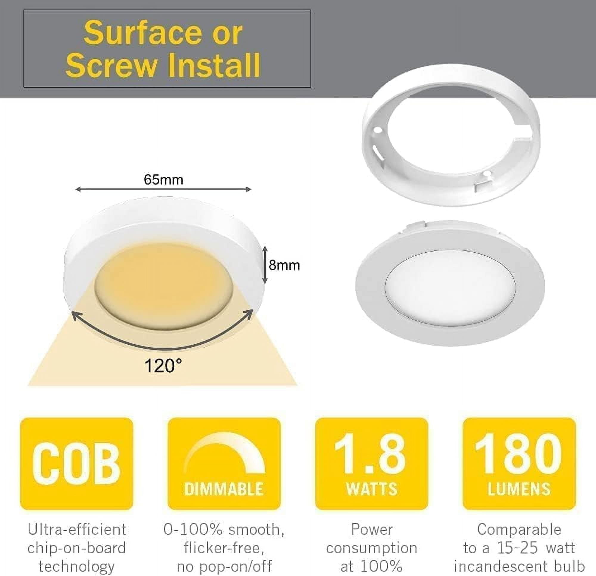 VST Under-Cabinet LED Lights, 2W (20W Total), Wired Touch Dimmer Puck Lights Fixtures, Recessed or Surface Mount, 3000K, 10 Pack, White