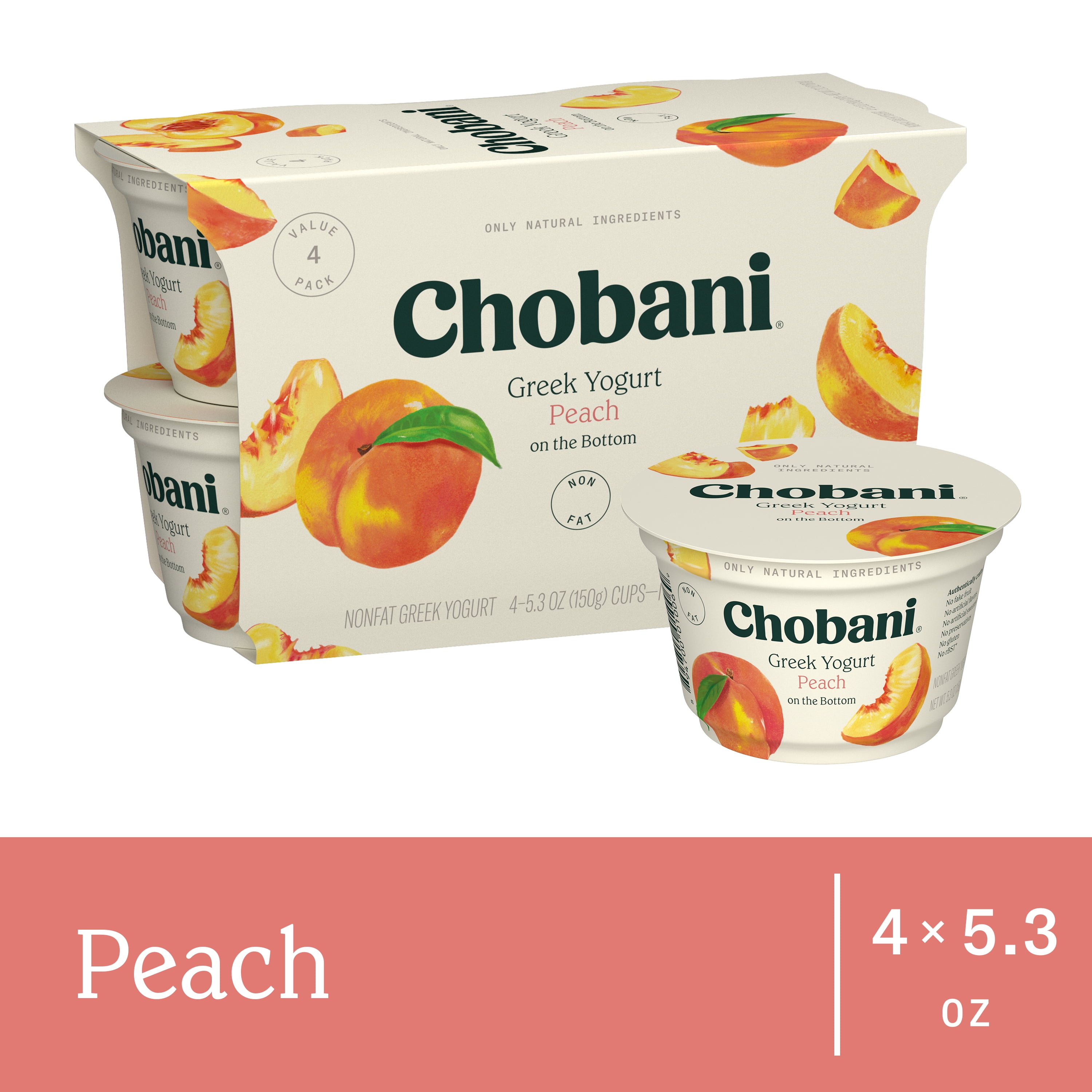 Chobani Non-Fat Greek Yogurt Peach On The Bottom 5.3 oz 4PK