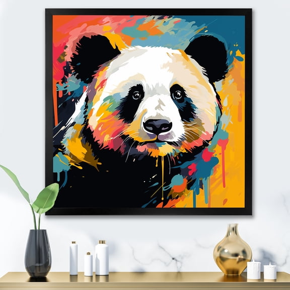 Designart "Colorful Pop Art Panda I" Animals Framed Wall Art Decor - Modern Orange Panda Entryway Framed Wall Art