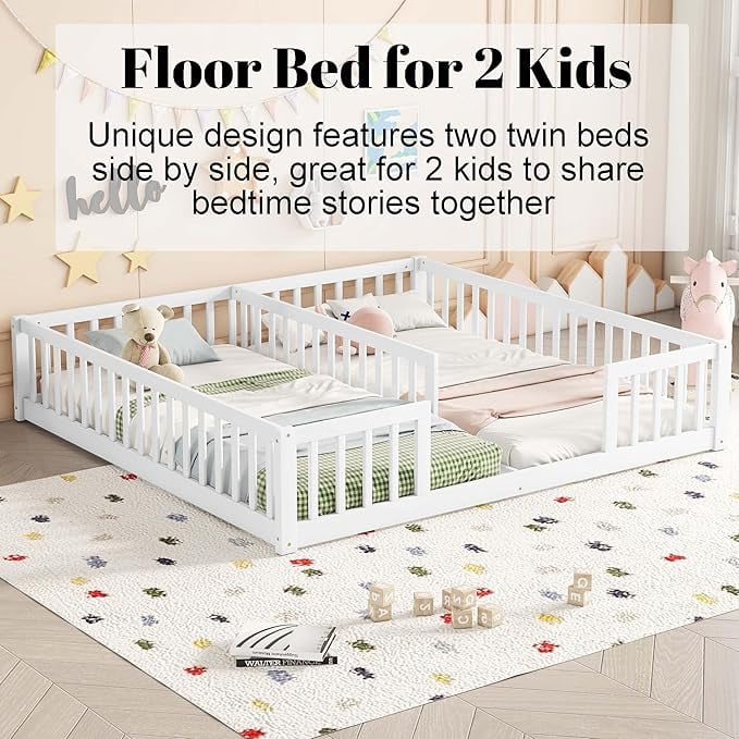 Kumix Double Floor Bed with Fence Guardrails, Wood Double Twin Floor Beds for Twins, Floor Bed for 1-3, Two Shared Beds, Floor Bed, Easy Assembly, White