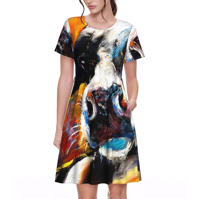 Bixox Robe d'Été à Manches Courtes pour Femmes Robe Ample Longueur Genou avec Poches-Vache
