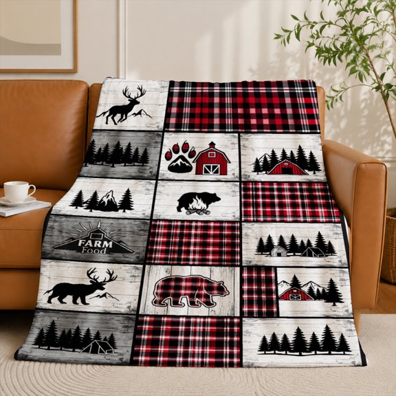 SPXUBZ Rustic Farmhouse Patchwork Flannel Fleece Blanket, Woodland Animal Throw Blanket, Soft Cozy Warm Blanket for Bedroom Sofa Decor 60"x50"