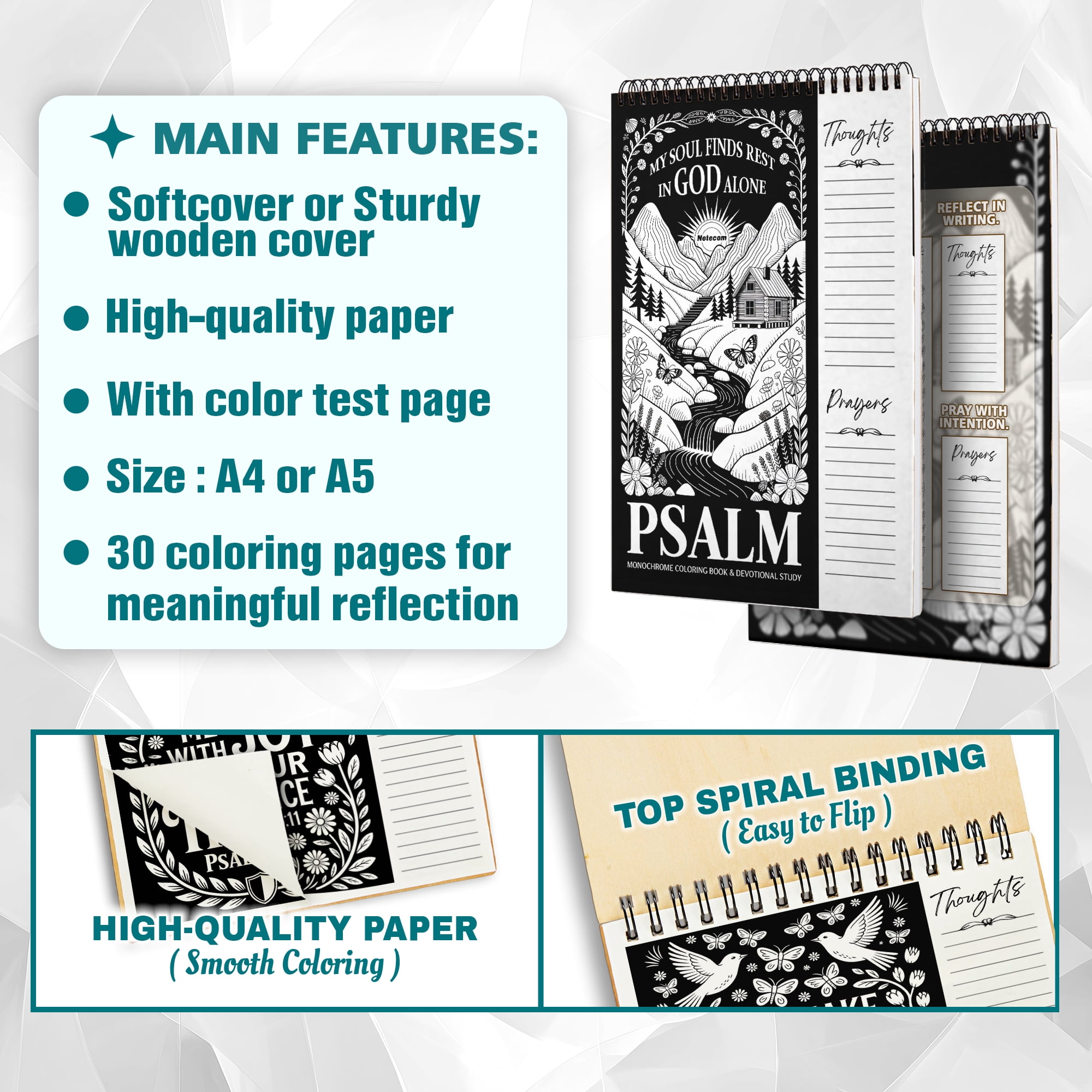 Psalms Monochrome Coloring Book for Adults, 30 Minimalist Scripture Art Pages with Reflection & Prayer Space, Spiral Bound, A4 or A5 Softcover or Wood Cover