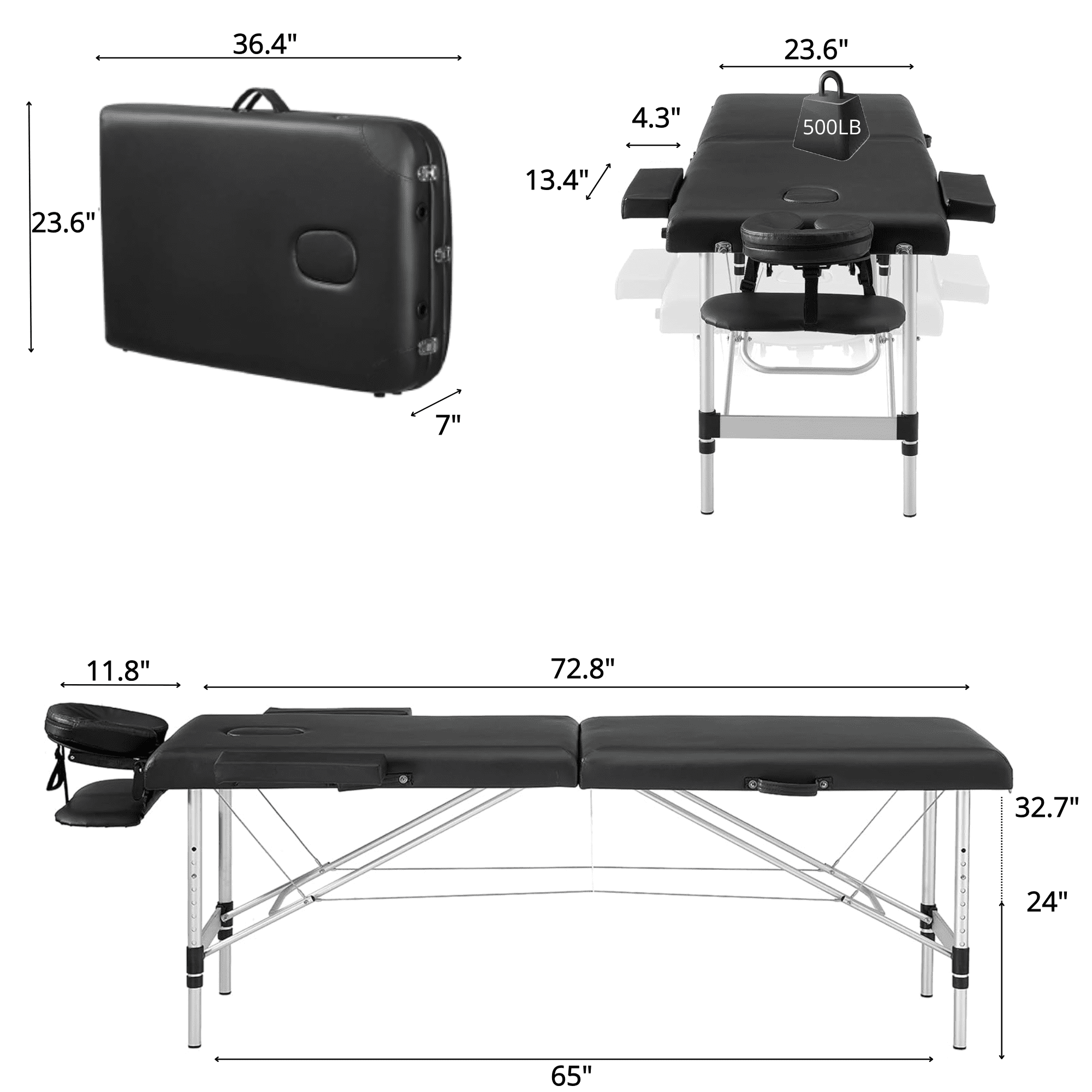 TrumanPick Massage Table Portable 84"L x 32"W Massage Bed 2-Section Foldable Spa Tables Aluminum Lash Bed with Carrying Case & Face Cradle, Hight Adjustable, Black