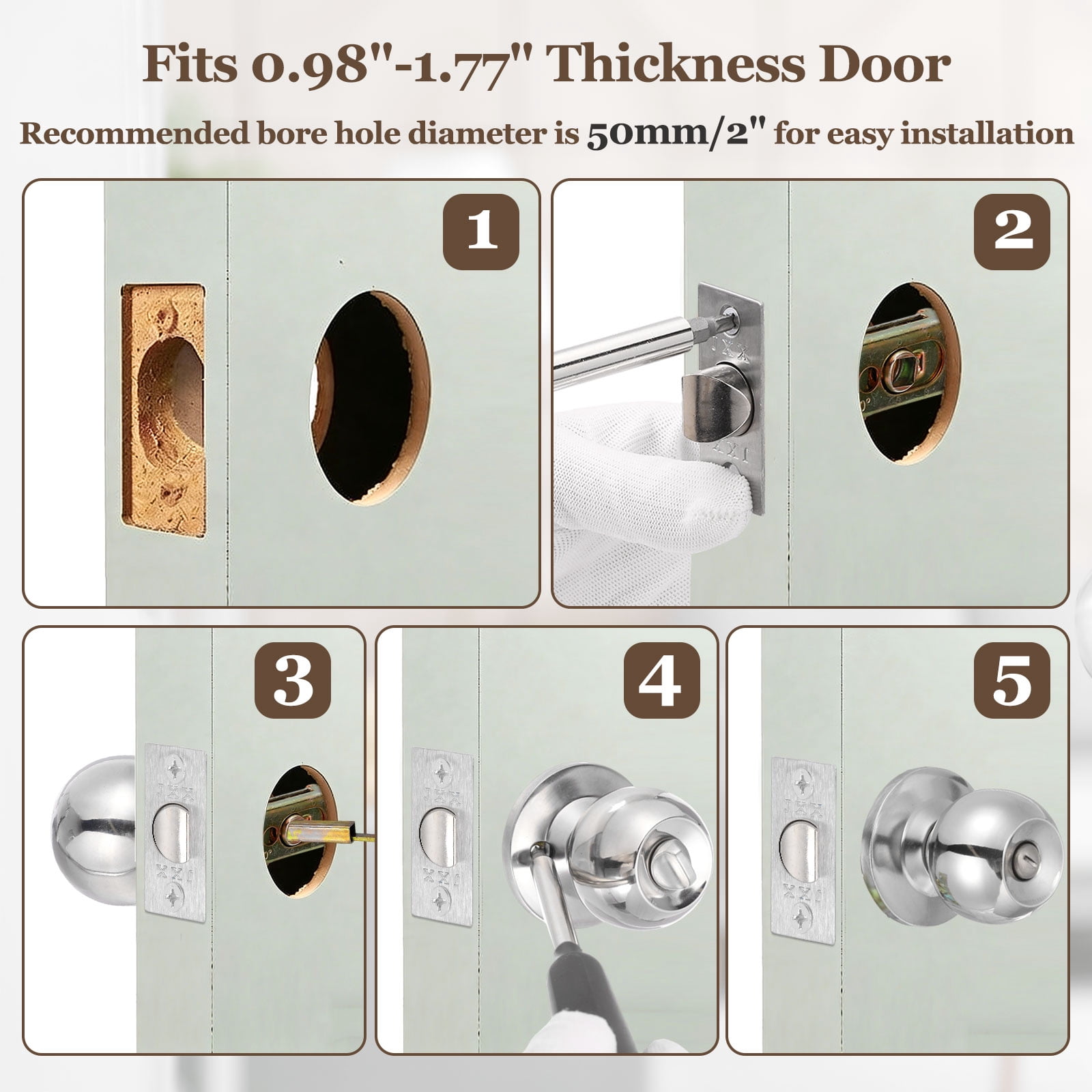 Privacy Door Knob, Round Interior Door Handles Keyless Turn Lock Doorknob with Screws Fits 0.98"-1.77" Thickness for Bedroom, Bathroom Closets, Silver Tone