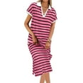 thumbnail image 2 of Abtuhar Women Summer Dress,Plus Size Dress for Women,Women's Striped Short Sleeve Dress V Neck Collared Side Slit Casual Beach Maxi Dresses, 2 of 5