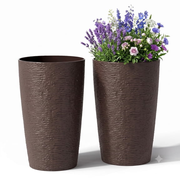 Biotree 21 Inch Tall Round Plastic Planters Set of 2, Large Deep Flower Pots with Drainage System, Stackable Indoor Outdoor Planter Pots for Deck Garden Patio, Brown