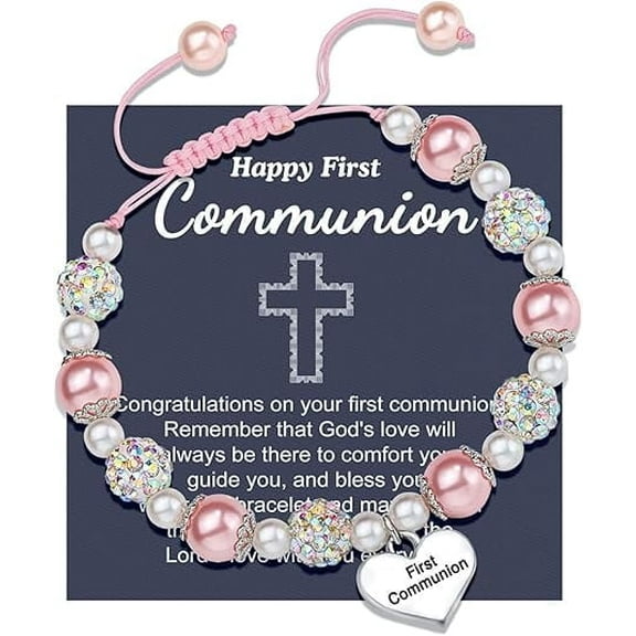 ANNECOSK Pink Pearl and Rhinestone Bracelet First Communion Gifts Baptism Gifts for Girls