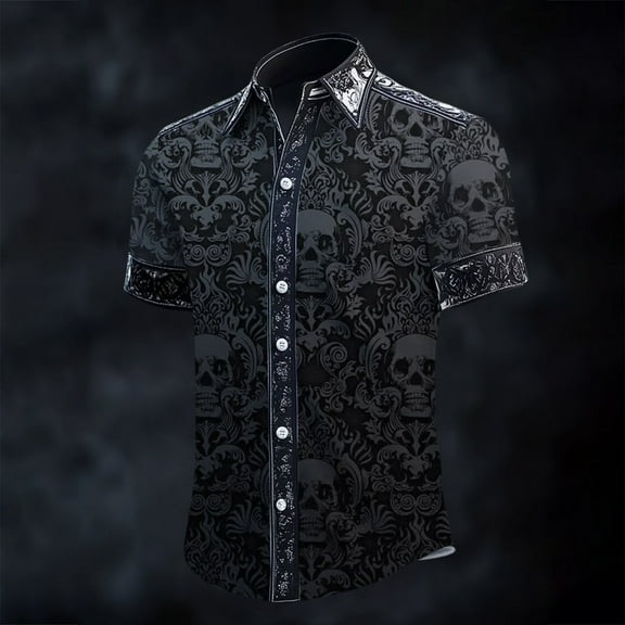 Halloween Shirts for Men Casual Skeleton Print Button Down Short Sleeve Lapel Tops Loose Fall Breathable Party Wear Mens Shirts Dark Gray L