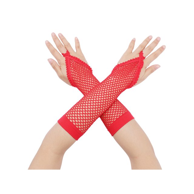 Guantes de malla para mujer INSPIRE CHIC, guantes sin dedos de encaje elástico hasta el codo con lazo para los dedos, talla única, rojo
