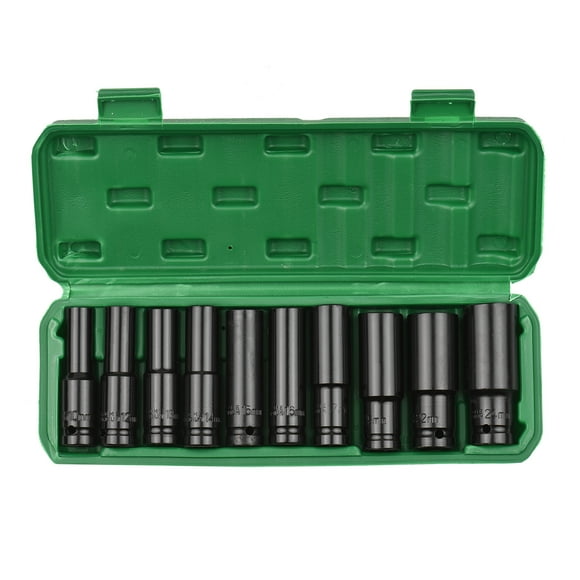 1/2 Inch Drive Impact Socket Set 10 Piece CR V Steel Deep Socket Metric Sizes 8 22mm with 3/8 Inch Adapter for Impact Wrenches and Electric Tools