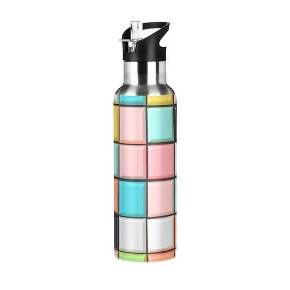 Yayeee 20oz Insulated Water Bottle Double Wall Stainless Steel with Flip Straw Lid, Colorful Checkered Pattern