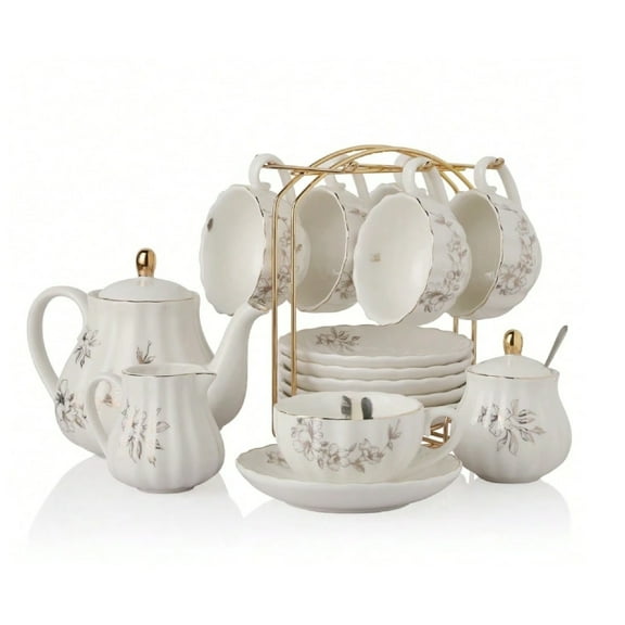 Porcelain Tea Sets  Series, 8 OZ Cups& Saucer Service For 6, With Teapot Sugar Bowl Cream Pitcher Teaspoons And Tea Strainer For Tea/Coffee