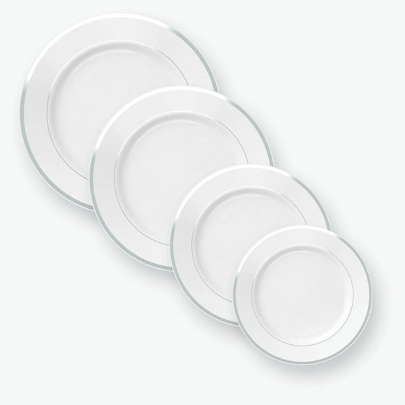 Classic Round White • Silver Plastic Dinner Plates | 10 Plates
