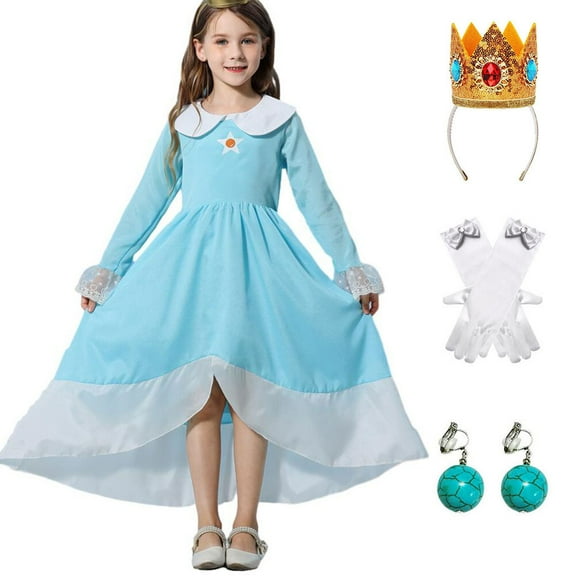 Girls Princess Peach Costume Dress Halloween Cosplay Dress Up with Accessories, Size for 2-9 year