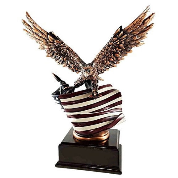 Patriotic Bald Eagle Perching Over Glorious American Flag Bronze Electroplated Figurine
