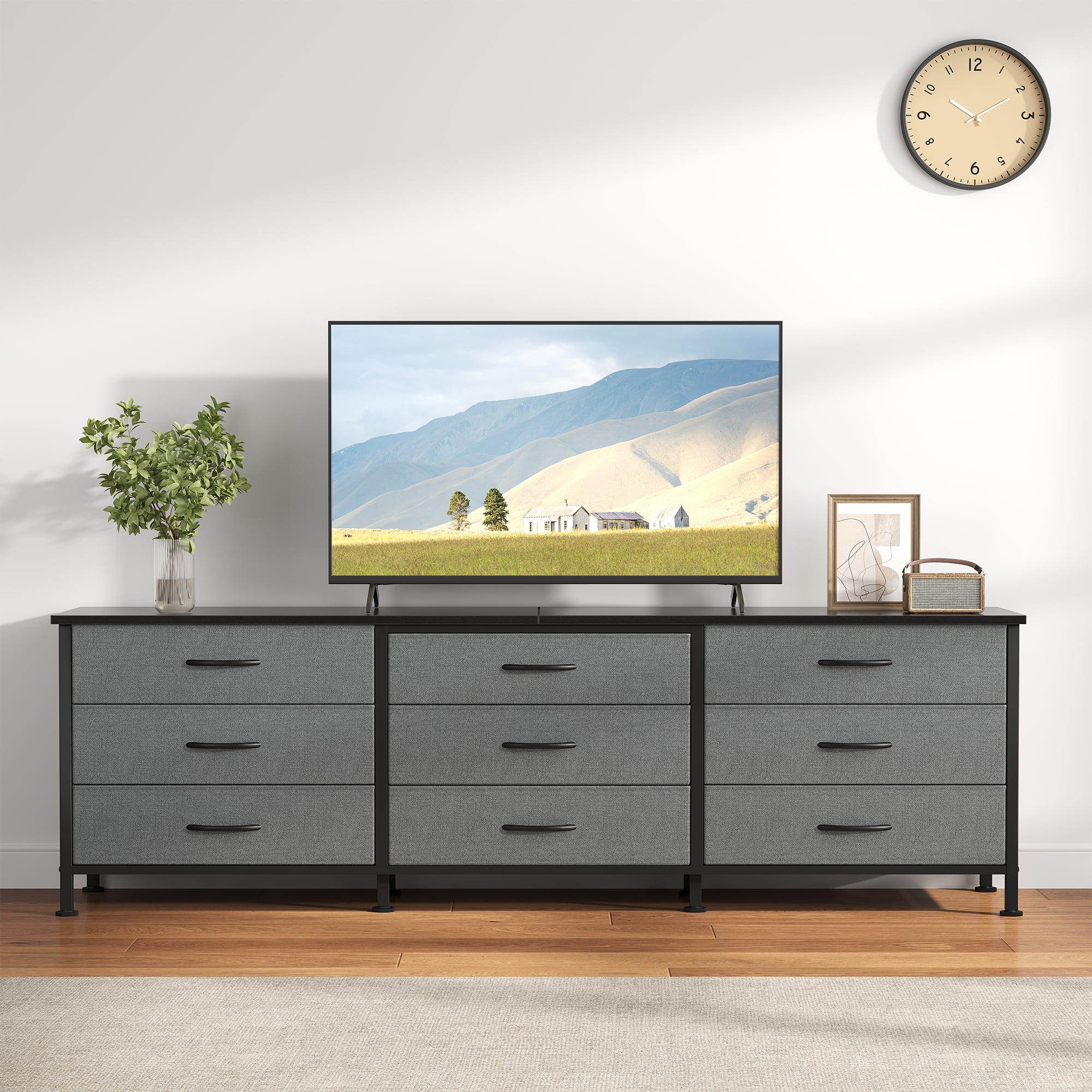 JIOABL 66 inch Wide TV Stand Dresser, 9-Drawer Storage Cabinet for 75 inch TV, Entertainment Center with Wood Top for Living Room, Grey