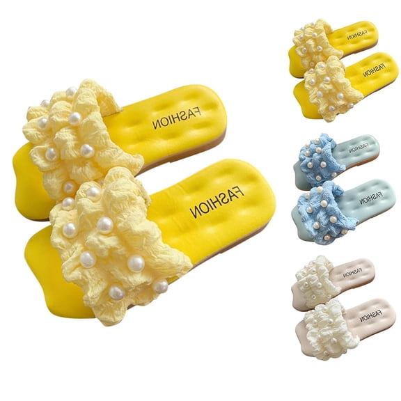 Summer Slippers for Toddlers Summer 1-11Years Children Girls Non-Slip Slip-on Square Toe Flats Solid Color Indoor Bathroom Home Teddy Bear Slippers