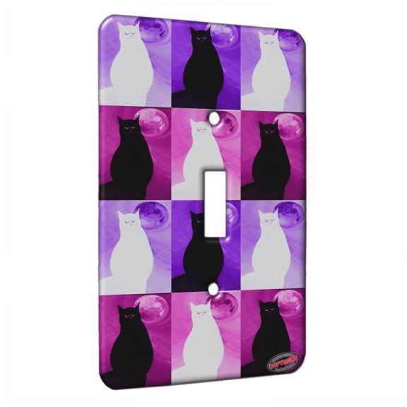 KuzmarK™ Single Gang Toggle Switch Wall Plate - Black Cat with Full Moon Abstract Cat Pink Pattern Art by Denise Every
