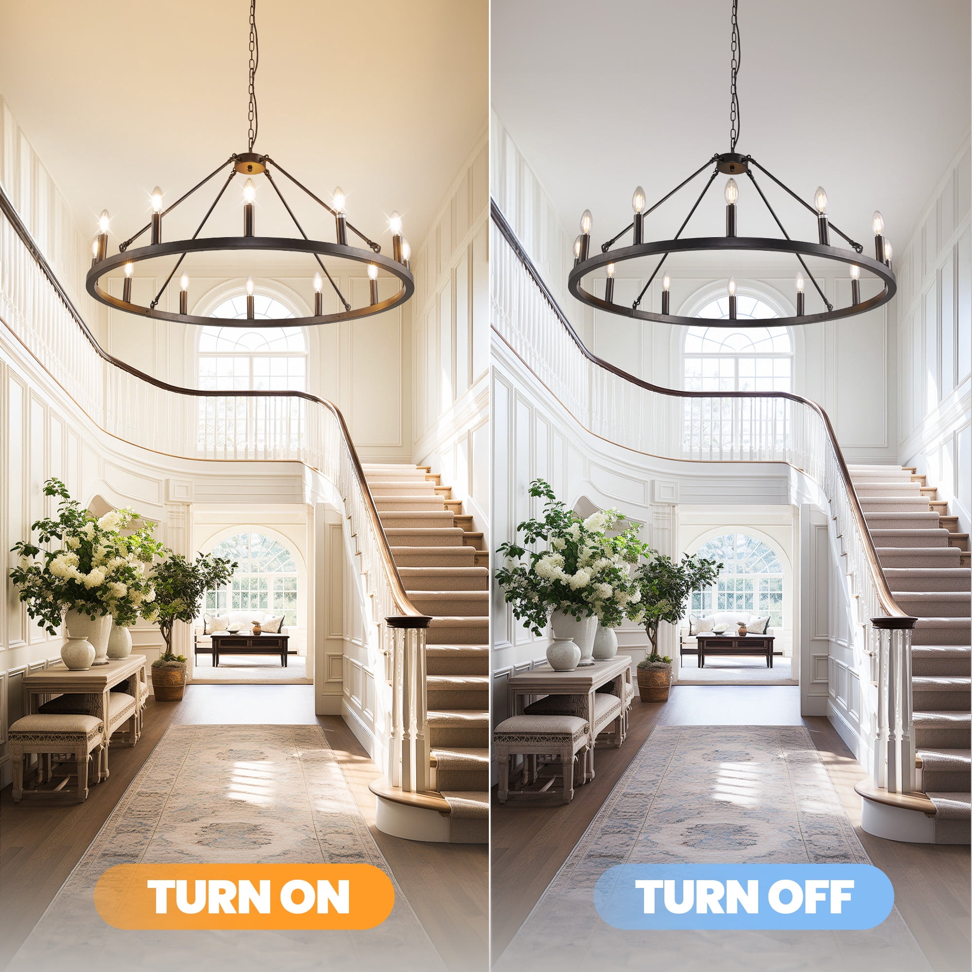 bokifol 37.4" Black Chandelier,12-Light Large Wagon Wheel Chandelier,Round Dining Room Light Fixtures Over Table,Foyer Chandelier for Kitchen Island,Living Room,Bedroom,Entryway