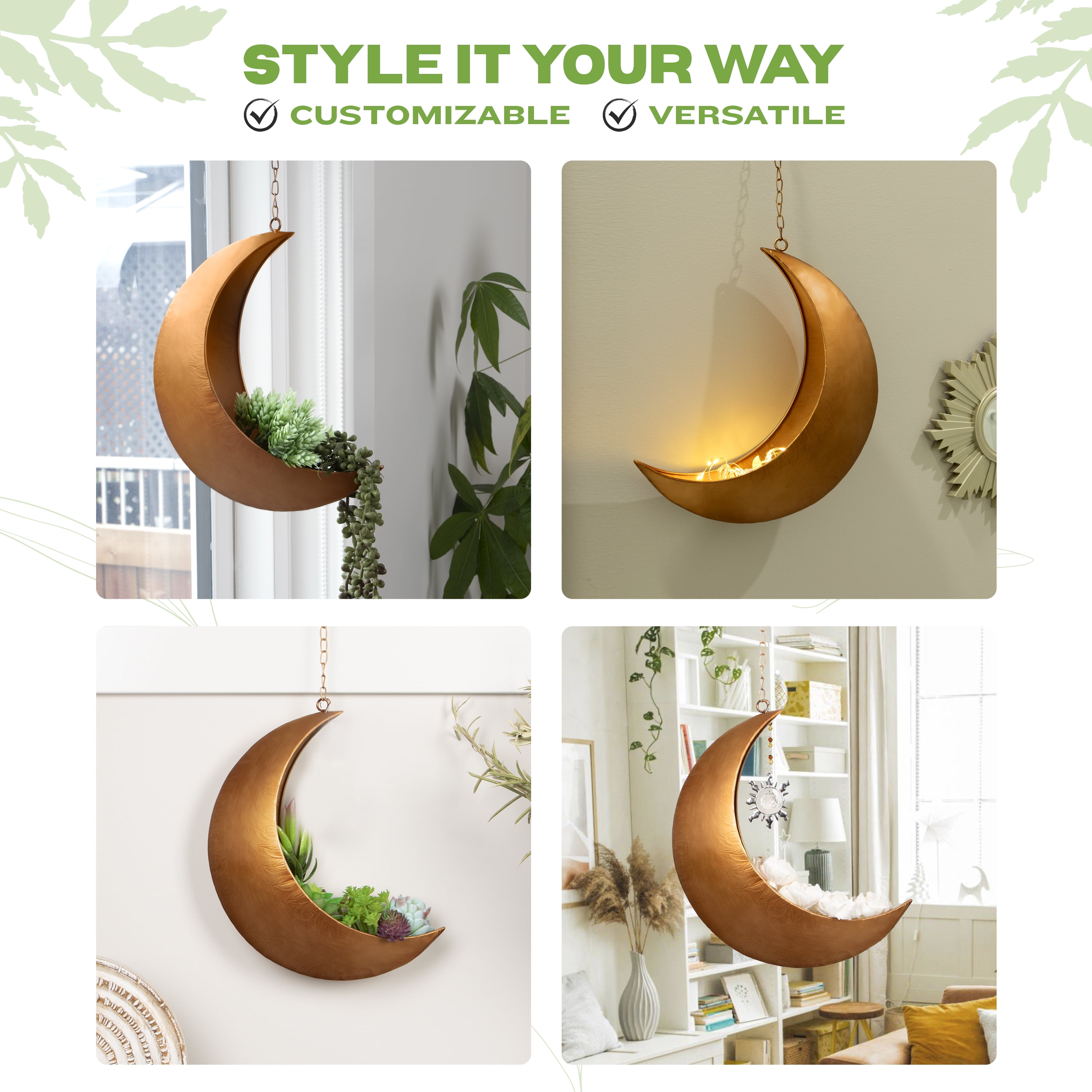 Oakadoaks Hanging Moon Planter for Moon Room Decor Great for Succulents,Air Plant,Mini Cactus,Faux,Artificial Plants-12” Boho Rustic Metal Planters,Gifts for Women,Birthdays,Nursery