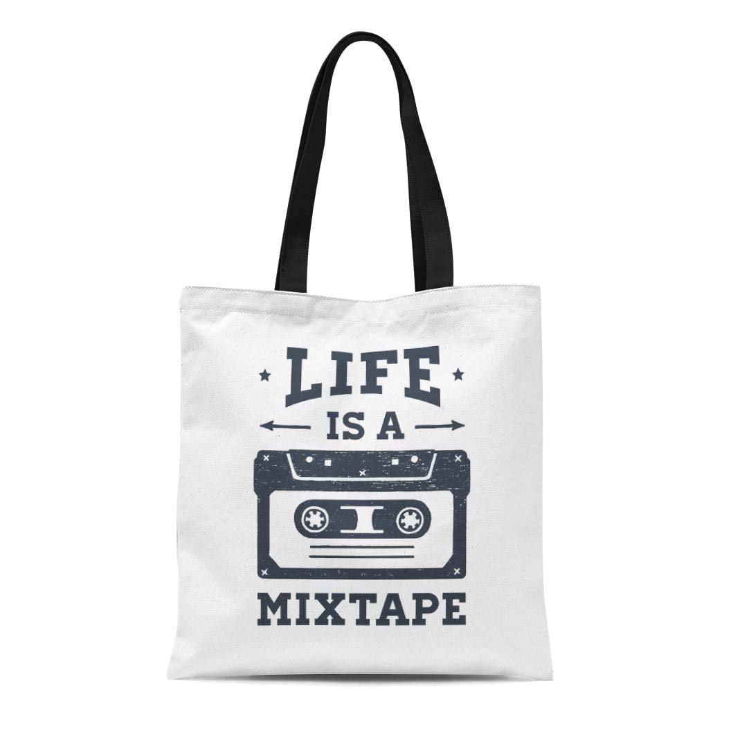 LADDKE Canvas Tote Bag 90S Badge Cassette Tape and Life Is Mixtape  Inspirational Durable Reusable Shopping Shoulder Grocery Bag