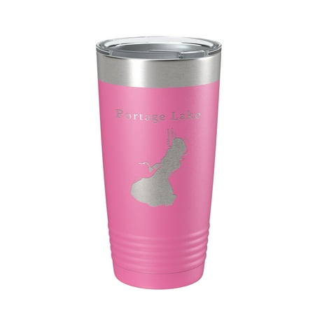 

Portage Lake Map Tumbler Travel Mug Insulated Laser Engraved Coffee Cup Huron River Chain of Lakes Michigan 20 oz Pink