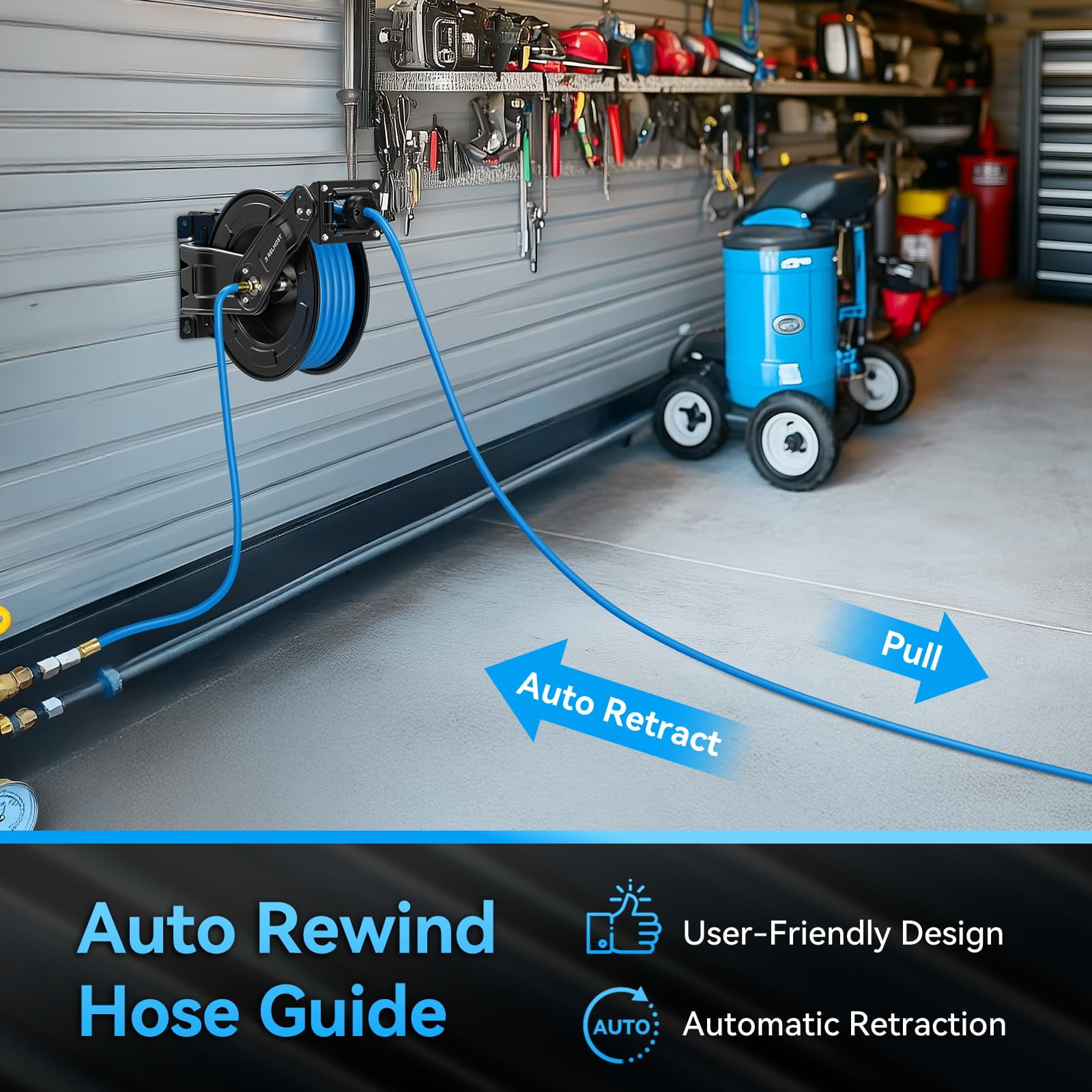 Relhost Retractable Air Hose Reel, 50 ft x 3/8 in Hybrid Air Hose Max 300PSI, Heavy Duty Air Compressor Hose Reel with Dual Arms, Auto Rewind, 180° Swivel Ceiling/Wall Mount for Garages, Workshops