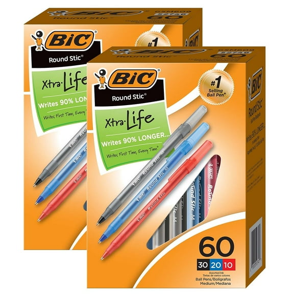 BIC Round Stic Xtra Life Ballpoint Pen, Medium Point (1.0mm), Assorted, 60 Per Box, 2 Boxes