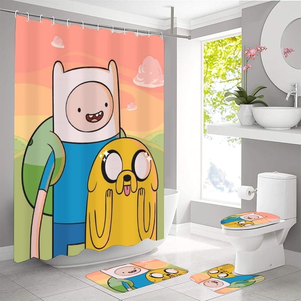 Juego de 4 cortinas de ducha de Adventure Time con alfombra antideslizante, tapa de inodoro y alfombrilla de baño absorbente en forma de U, cortinas de ducha de tela duraderas e impermeables con 12