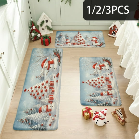 3PCS Kitchen Mat set, Welcome Door Flannel Rug,Home Decor for Front Door,Kitchen, Bathroom, Christmas Trees Snowmen And Gifts ,Great Christmas Housewarming gift for Family and Friends.