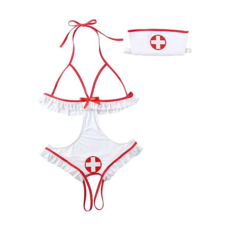 Sexy Nurse Underwire Top Garters Headpiece & Thong Cosplay Bedroom Costume