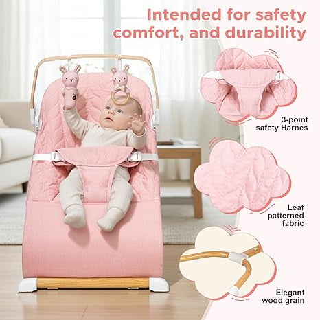 3 in 1 Baby Bouncer (Sit, Play & Relax),3 Recline Positions,Foldable Baby Rocker Chair W/ Removable Wooden Bar for 0-12 Months Infant & Toddler,Pink