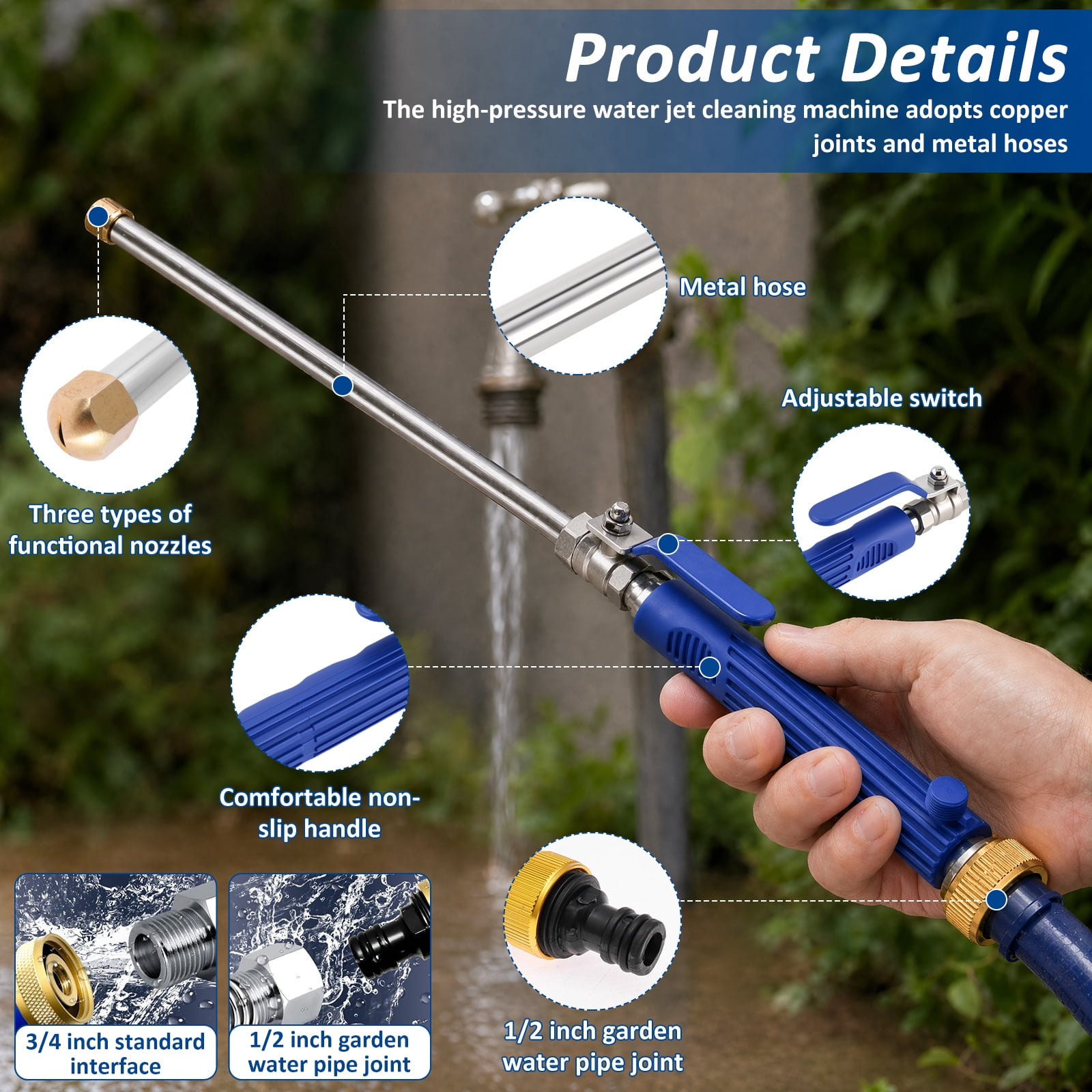 Jet Nozzle High Pressure Hose Nozzle with Extension with Extension Pole 3 Different Nozzles Quick Connectors for Car Washing Gutter Cleaning Watering 18.3 Inch