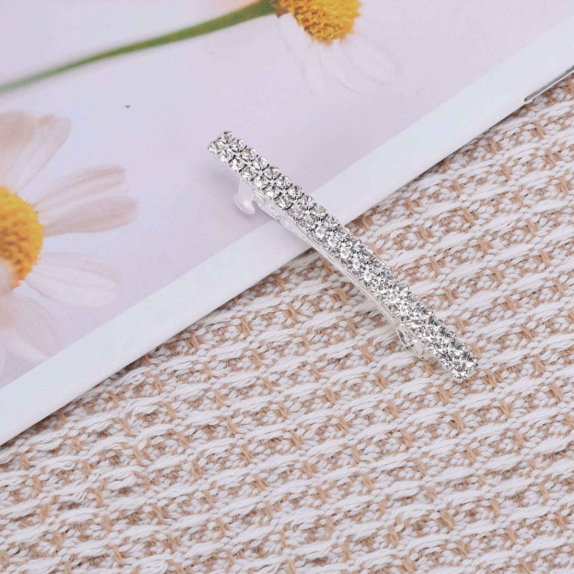 Unique Bargains Grace Crystal Spring Clip Hairpin 2-Row Hair Barrettes Silver Tone